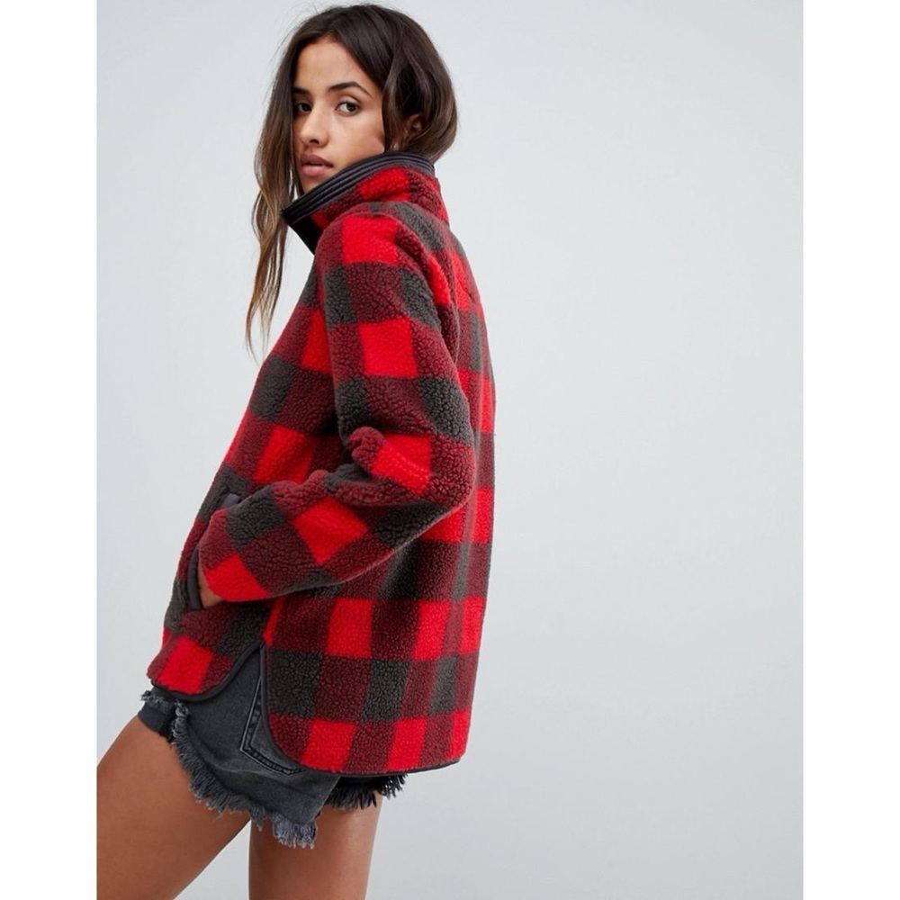 Abercrombie & Fitch Sherpa Fleece Pullover Jacket Red Black Plaid Check XS